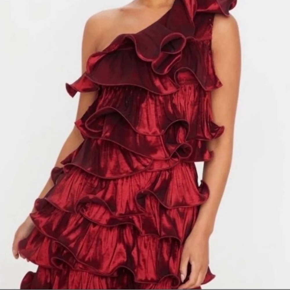 Burgundy One Shoulder Tiered Frill Shift Dress